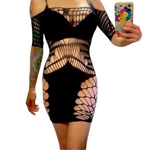Black Fishnet Dress — Mesh/Cutout (OS/NIP)